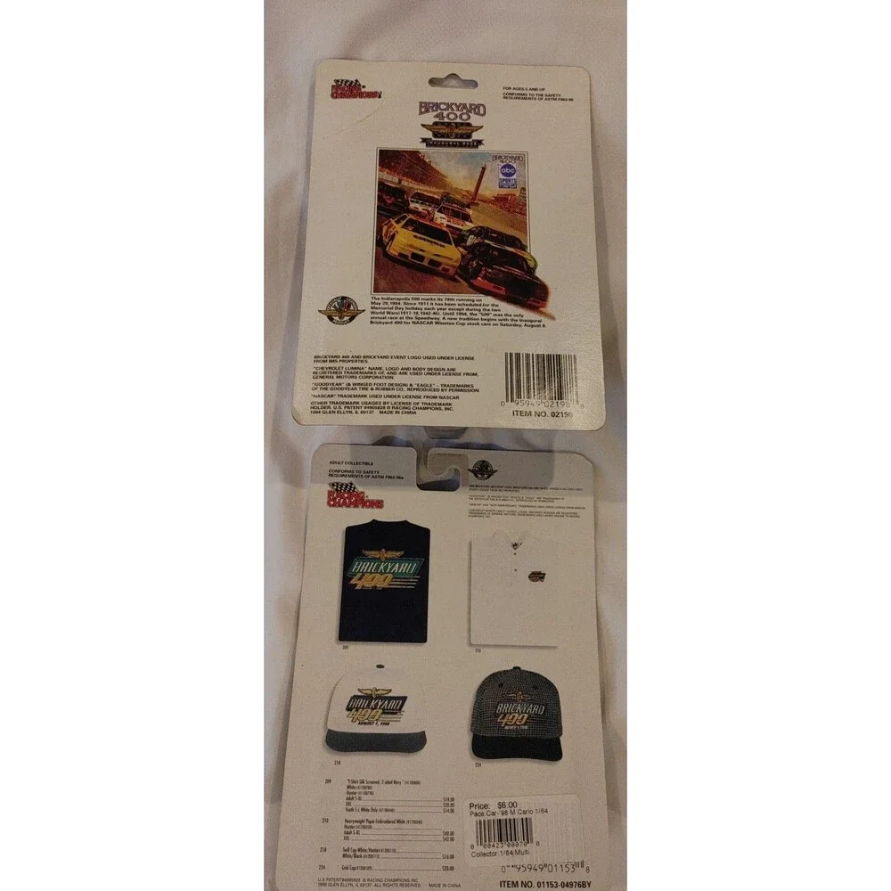 (2) Brickyard 400 Race Cars 1994 & 1998 Nascar 1:64 Diecast Cars Indianapolis